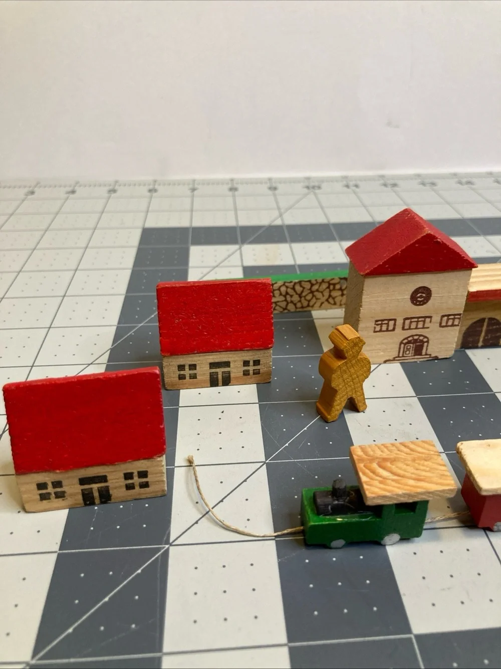 Vintage Wood Block Village Houses Train Station Wooden German Putz Erzgebirge